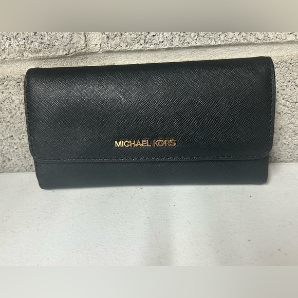 Michael Kors Black Leather Trifold Flap Wallet - Picture 1 of 11